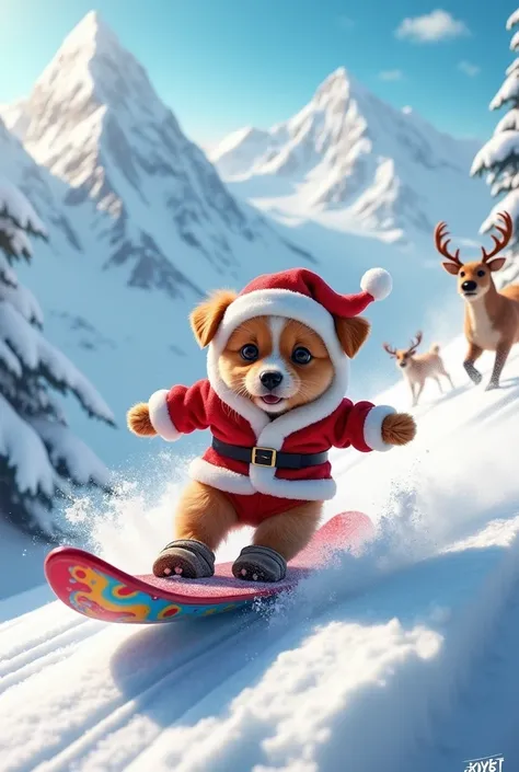 A cute puppy is wearing a hat in a cute Santa Claus costume、 snowy mountains、Steep slope 、 snowboarding、high speed、 motion blur 、colorful snowboard 、 boots、dynamic snowboard、snow smoke、 the crowd of reindeer cheered around、A joyfully swaying crowd of 、 sno...