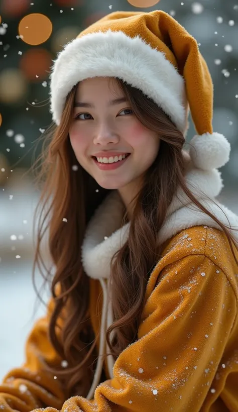 Beautiful young woman, white skin, smiling face, long brown hair, wearing a golden Santa Cross hat, wearing a warm golden Santa suit, sitting or standing in the Christmas atmosphere, with snow.