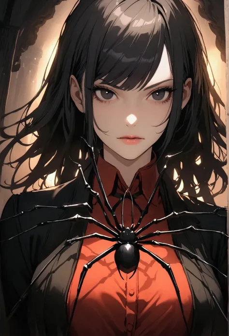 beautiful chin, beautiful, dangerous, devil spider, woman, black hair, black eyes