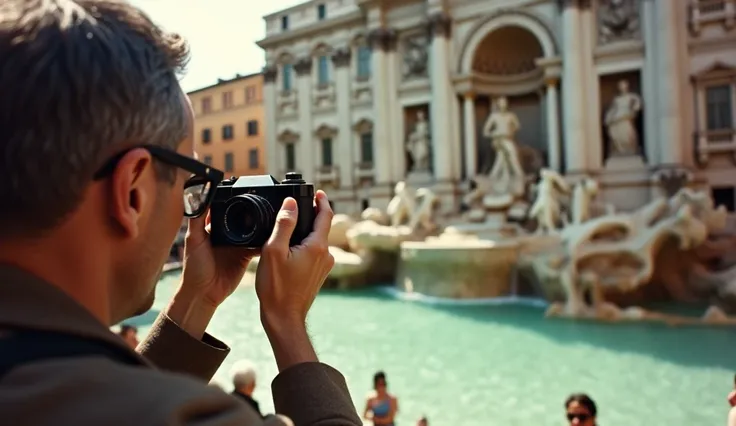 Rome 1962. Trevi Fountain at Midday Setting and Background: The Trevi Fountain shines under the midday sun, illuminated by an intense and almost blinding light. The crystalline water of the fountain flows incessantly, creating a sparkling reflection on the...