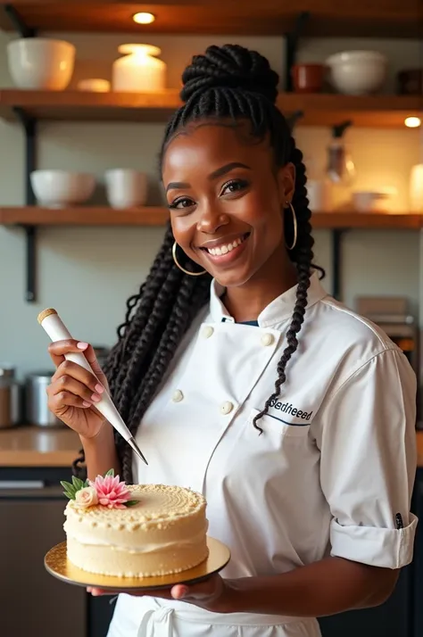  A black woman pastry chef smiling , with braided hair, wearing an apron.  She is holding a decorated cake in one hand and a protection in the other,  in a cozy and bright kitchen environment . The cake may have creative details , like flowers