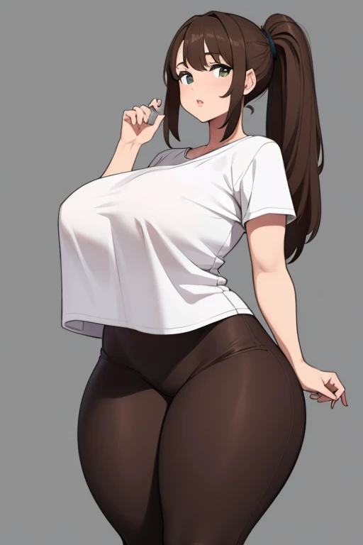 (best quality), (masterpiece), 1 girl, early 20s, huge heavy breasts, thick, thick lips, wide hips, thin waist, brown hair, ponytail, overhang, impossible clothes, wearing t-shirt, wearing yoga pants