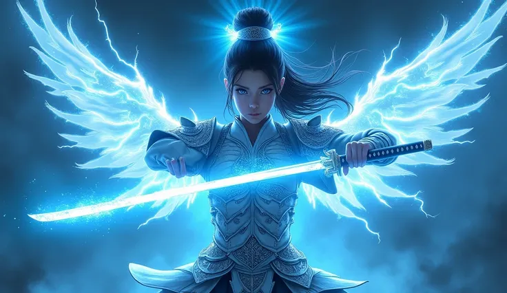 (young) (with blue eyes that radiate blue rays) (bluish black) (rays of power come from behind) (She has silver warrior armor, with a shining Halo) (that covers her entire body) (and a katana with  lightning) (with glowing wings) (and a blue aura) (fightin...