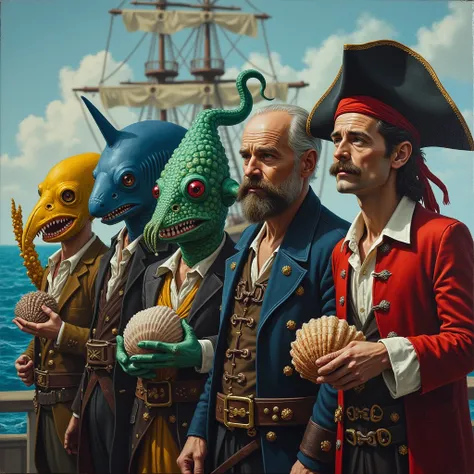  Blacks pirate team The pearls against the background of the ship stand in a row led by a man,  who has a crayfish claw instead of his right hand and a yellow octopus head instead of his head ;  to his left is a bluish man with the head of a hammerhead sha...