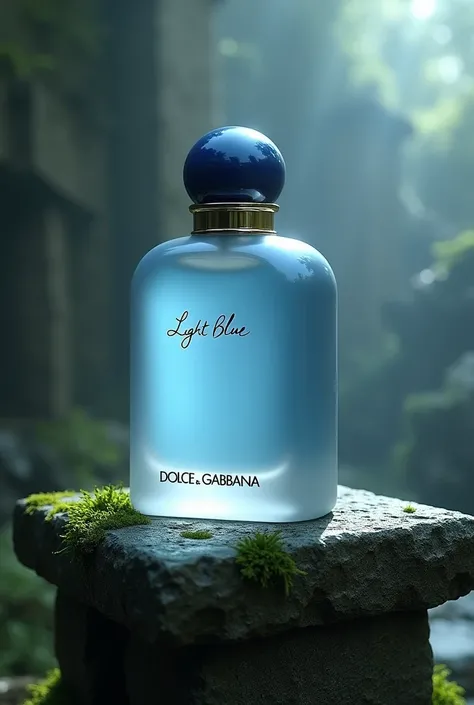 On a stone altar you can see a Dolce Gabbana light blue fragrance 