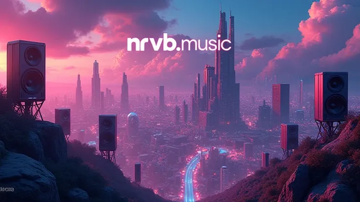 A banner with the word NRVB.Music centered. Overlooking a city replacing all buildings with speakers and music systems. Fluid colors and neon glow.