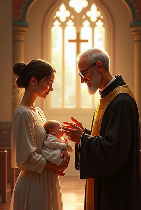 make a photo that a family holding one baby is having conversation with the priest 