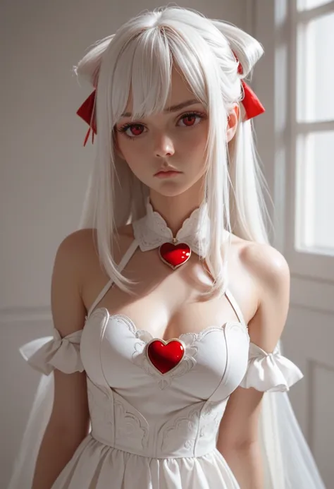 score_9, score_8_up, score_7_up, sinestrea, 1girl, white hair, bare shoulders, white dress, frown hair bow, long hair, heart brooch, medium breasts, hair bow, ribbon, red eyes,