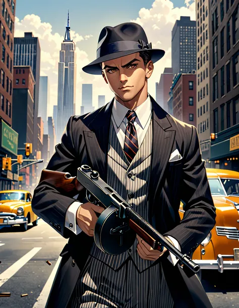 Male focus, 1male, gangster with a 1921a Tommy gun, New York backdrop