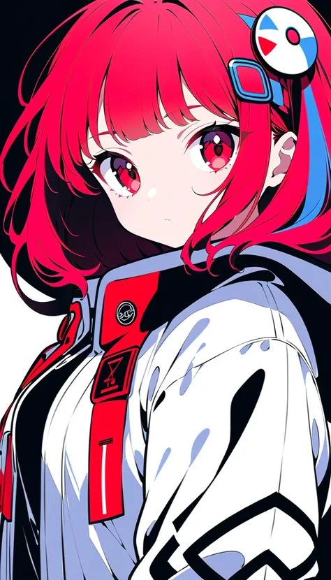 cute,cute,
1 adult female , Alone,
 wine-red hair ,   Side Blades , bangs,  hair accessories ,
 red eyes,
,  super high detail, 
close view, the above,
Serious,
  patch pocket and hooded oversized cardigan,
 Big Breasts,  random multicolor , soft vivid ,  ...