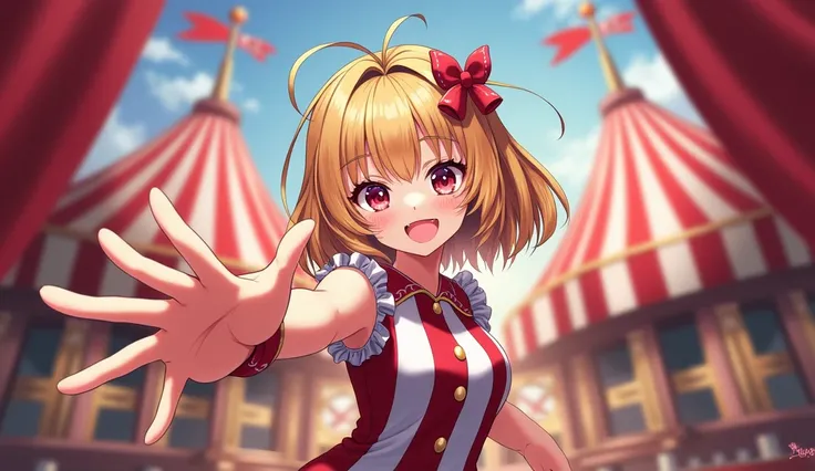 1 mischievous looking girl, anime style, host of a carnival, high res, reaching out toward viewer as if inviting viewer to come in, not too sexy, striped circus theme clothing, girl positioned on the right 