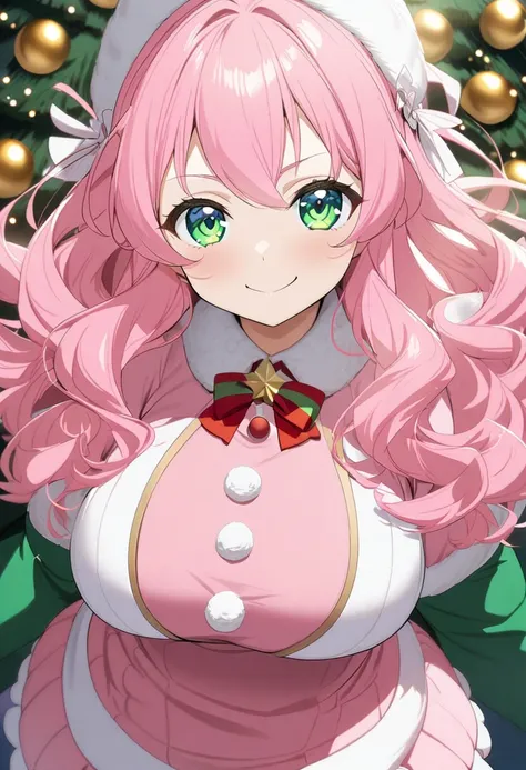 1 girl,Anime Face,,daughter,Big Breasts, green eyes,Pink long hair, wave hair, Christmas Tree Cosplay,smile, cowboy shot,