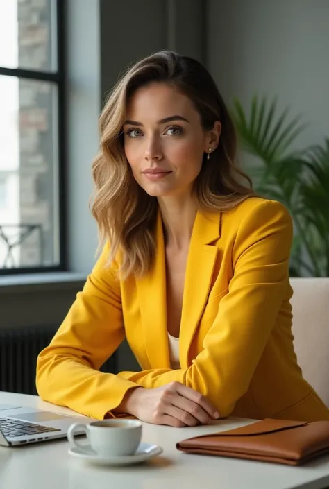 Realistic entrepreneurial woman wearing yellow