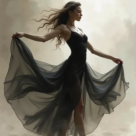 
create an image of a beautiful young caucasian
woman paso doble dancer, pellucid see-through chiffon dress, her g-string visible through the fabric, use smudged colored
charcoal techniques, the image should flow,
dissipating into a dark fog, in the style ...