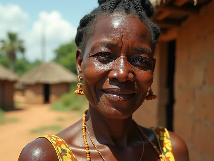 image of a woman in her 40s, give it a Nigerian village setting, a clear background, realistic, hd image, oily image 