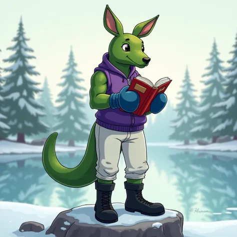 Adult Green muscular kangaroo furry jock in black boots, in white pants,  in a purple zippered sleeveless sweater, wearing blue boxing gloves, he stands on a rock by a winter lake reading a cartoon-style book 