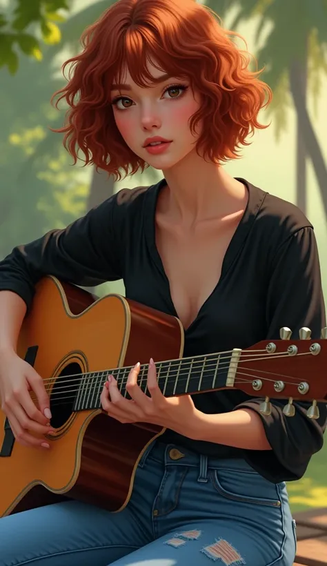  ,    looking at the spectator    ,     dark brown eyes  ,      short shoulder-length hair, red-haired, curly. tennis,  Brazilian-like skin  ,   shes wearing jeans   , black blouse,    and is sitting on a bench playing the guitar.     Fringe between the ey...