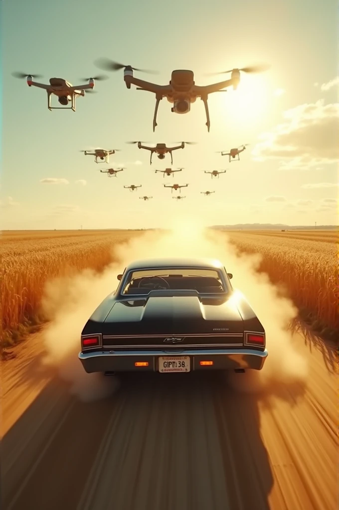 **English Cinematic Prompt:**  
The shot begins with a **wide aerial angle** revealing a lone black 1960s Chevrolet Chevelle speeding down a dusty, two-lane road through vast, sunlit farmland. The golden wheat fields stretch endlessly on both sides, gently...