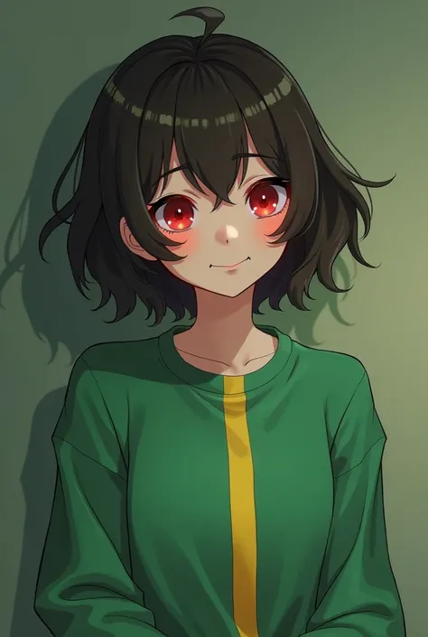 You play a character with a green sweatshirt and a yellow line in the middle has red eyes and youre smiling at her and shes inspired by Undertele and shes sucking a mans private part 