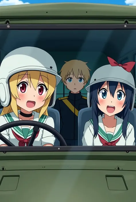 View inside a military vehicle. Inside the vehicle there is an albino anime girl WW2 soldier with red eyes and white helmet who is driving the vehicle.
Next to her, there is a young anime girl WW2 soldier with blue eyes and a bow on her white helmet.
In th...