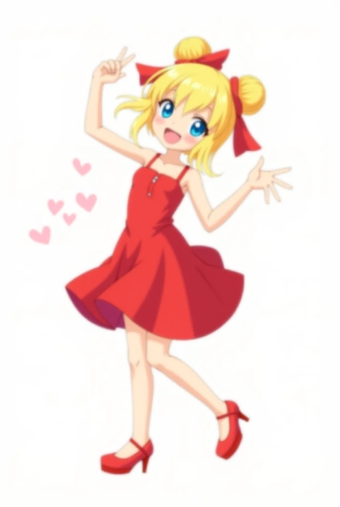 The image depicts a stylized, anime-style character with blonde hair styled into two buns, each tied with a red ribbon. The character has large, expressive blue eyes and a playful, confident expression. She is wearing a vibrant red dress with thin straps a...