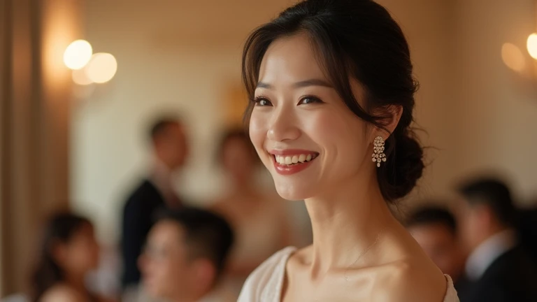 A polished and serene image of a Japanese woman smiling softly, dressed in an elegant wedding guest outfit. She is wearing tasteful hoop earrings that complement her attire without overpowering it. The background has a blurred effect of a wedding reception...