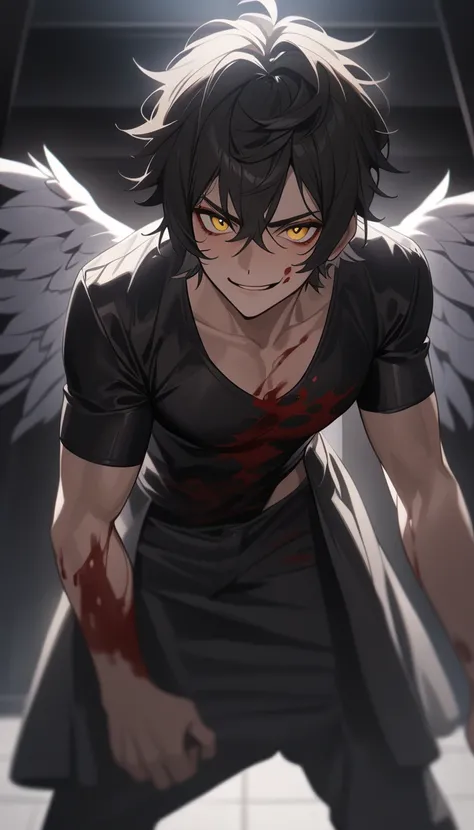 1man,solo,handsome face,fit body,yandere, shaggy hair style, white strands in the black hair,punk rock dark clothes,deep detailed eyes,tall,blood on him,standing,dark room,calm and soft expression,slight smirk,masterpiece,best quality,high resolution,sharp...