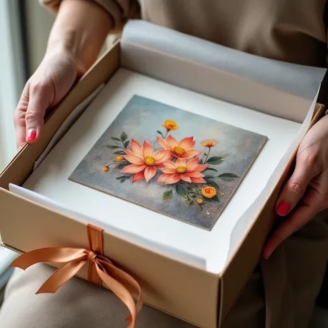 Show me,  how the painting is packed for shipment :  stylish box , satin ribbon, protective paper .
 Add visual accents , For example,  tag with your logo
The goal :  Demonstrate a premium approach,  is to increase the sense of value .



