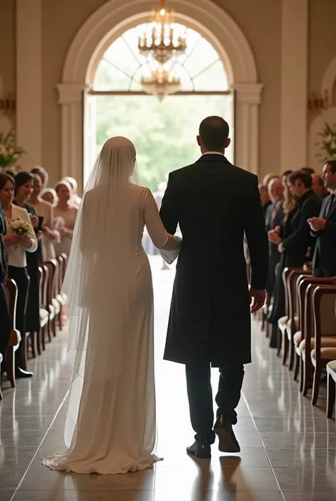 Marriage ceremony in which Bride is wearing white long Turkish attire with long hijab on her head touching her heels and the groom who is fair taller than her and has broad shoulders is wearing black pant coat. They are walking in an aisle from the back si...