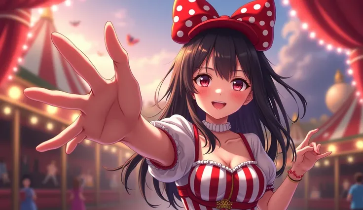 1 mischievous looking girl, anime style, host of a carnival, high res, reaching out toward viewer as if inviting viewer to come in, not too sexy, striped circus theme clothing, girl positioned on the right 