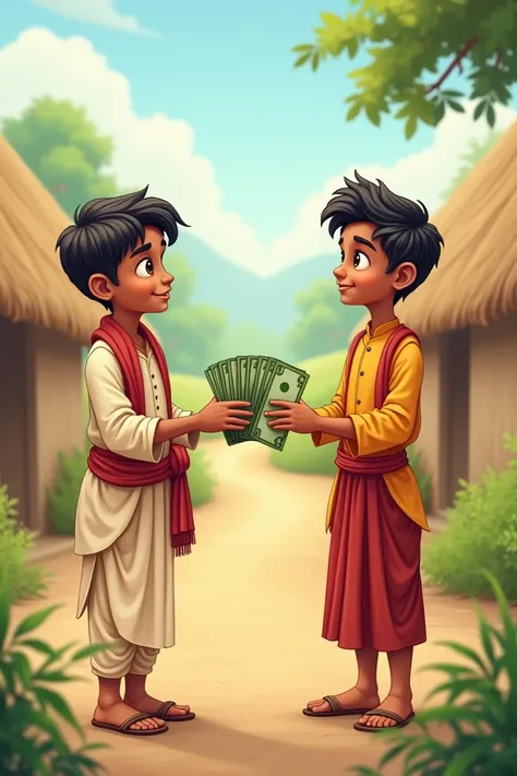 One indian young man giving money to another at village cartoon