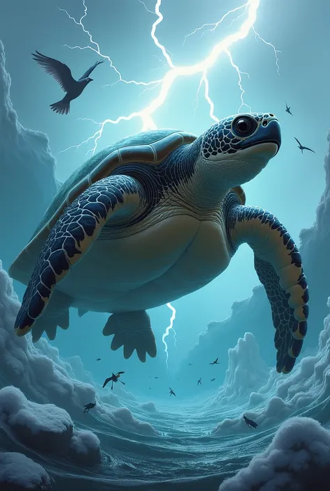  Give me an image of the giant sea turtle with penguin features in a setting of water and ice, with lightning behind her  