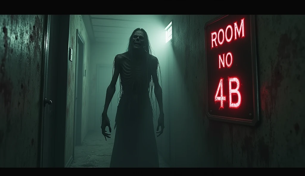 A horrible zombie spirit in the haunted room and also write "Room No 4B" In capitals Red And White Color 