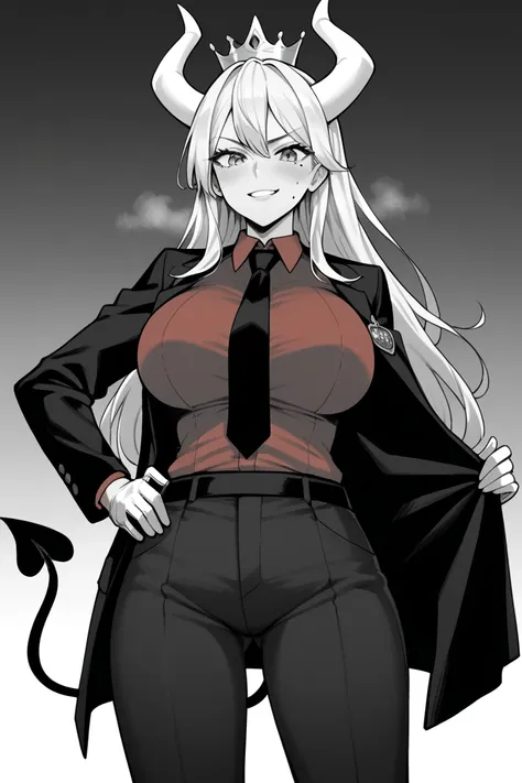 score_9, score_7_up,  1girl, 
big breasts, drawing,(greyscale:1.5),grey scale, monochrome,luciferdef, mole under eye, long hair, crown, white horns, demon horns, formal, business suit, black jacket, badge, long sleeves, red shirt, black necktie, white glov...