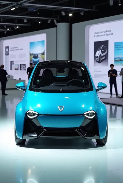 "Create an image of a small, compact electric city car in a showroom. The car is two-seater, has a futuristic and sleek design, with a blue body and black accents on the hood and bumpers. The front of the car has narrow LED headlights and a minimalistic gr...