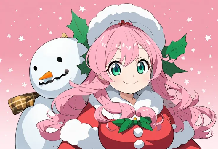 Parent and ,Anime Face,,daughter,Big Breasts, green eyes,Pink long hair, wave hair,Christmas image snowman cosplay,smile, cowboy shot,
