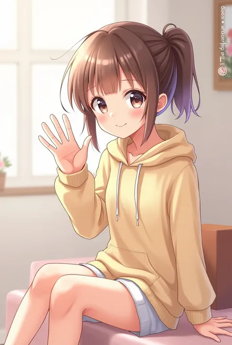 High school pretty girl anime character in a hoodie greeting while sitting