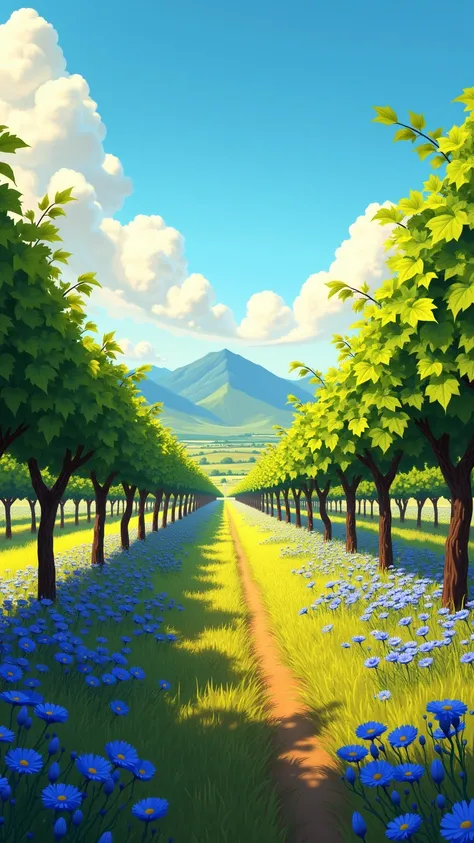 Vineyards of South Africa, grapevine, bunches of white grapes, sun blue sky, flowerbeds with cornflowers among the vines