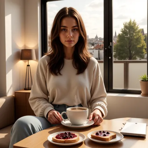  Isabella is sitting at the dining table in her modern apartment , having breakfast. She has long brown hair., with a natural style . She wears casual and youthful clothing :  a light-colored long sleeve t-shirt ,  skinny jeans and white sneakers .  On the...