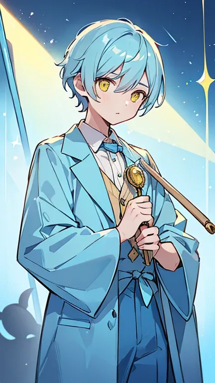 (( A man with light blue short hair and yellow eyes)),((Im wearing light blue clothes )),(( Im holding a light blue rod castanets )), bangs , hair between eyes 