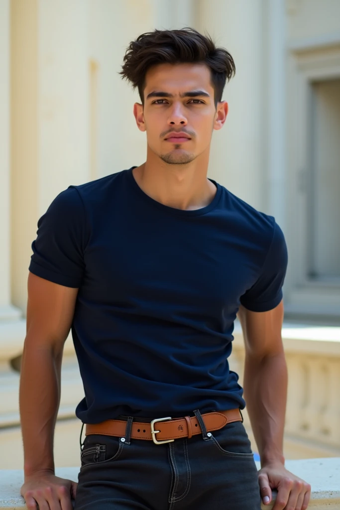 Teen man, (ethnicity:1.2), (age:young man), (body type:athletic), (pose:leaning on surface), (facial features:sharp), (expression:serene),  wearing a navy red, form-fitting T-shirt, (detailed clothing:1.2), with a brown leather belt, (accessories:1.1), and...