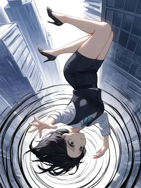 (masterpiece, best quality:1.2), 1 girl, unique, manga panel,  falling upside down, from high, in spiral, plummeting to the ground, low res faded buildings, office worker, high heels, from above, bleak colors, highly detailed wind, despair on face,  reachi...