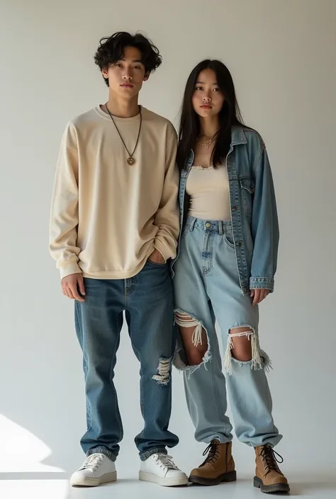 arafed couple of young people standing next to each other, baggy jeans, 2 0 2 0 fashion, wearing ragged clothing, wearing clothes, ruan jia and brom, wearing correct era clothes, off - white style, wearing a baggy, wearing torn clothes, wearing cargo pants...