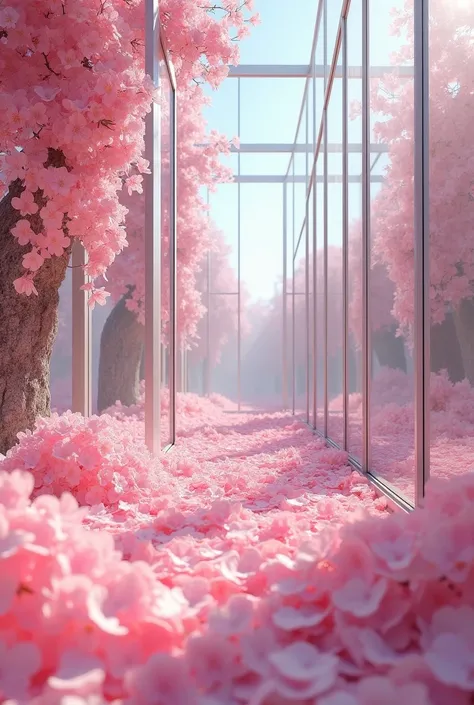 Glass house full of pink flowers