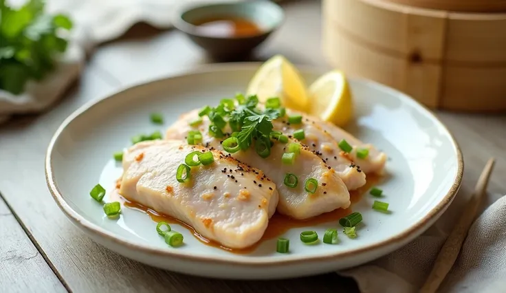 art photo, a serene and appetizing depiction of steamed chicken tenderloin (蒸しささみ), highlighting its simplicity and health benefits. At the center, tender, moist chicken tenderloin rests on a sleek, white ceramic plate, its smooth surface glistening slight...