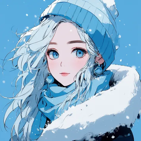 ((masterpiece, top quality )), 8k, Anime ,  realistic  ,sketch,  anime style portrait  , (((Snow anime ))),  blue gradient background, off-the-shoulder knitwear,  Neon Touched Medium Hair, lip,  big earrings, Wrap a scarf, penguin, Texture Trim, Canada,  u...