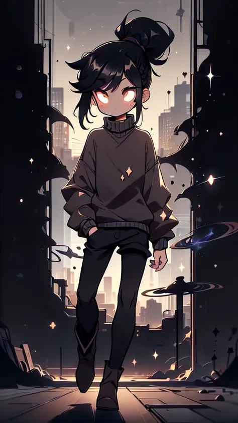 (  Detailed  ), (((normal boy))), ((  black hair rizado   ponytail hairstyle  )), ((  ponytail hairstyle  )), (calm face), ((brown boots)), (((  full body ))), ((male)), (((grey sweater))), ((solo una persona)), (por la noche), ((brown eyes)),  in the dark...