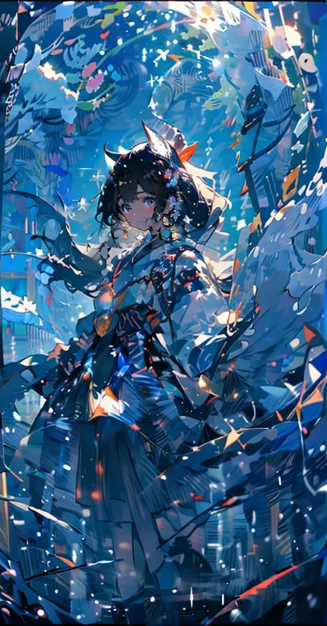 ((masterpiece:1.2)), (( top quality :1.2)),  1 Shinto Shrine Maiden((Cat ears, (Priestess Outfit :1.3), Tied black hair, (Sparkling blue eyes:1.4), [Cat ears:1.4])), (gentle eyes and face ), (snowの積もった鳥居の後ろで美しい1匹の白蛇がいる:1.3), (snowの積もった石階段に腰かけて遠くを見つめている:1.5...