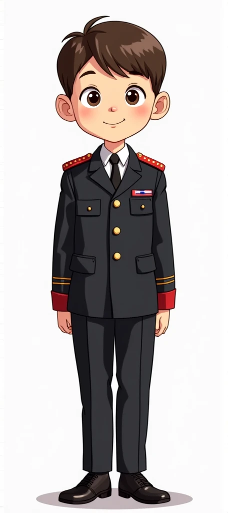 Cartoon Suvorov cadet from the Belarusian cadet school in full growth. Black dress uniform, white shirt, red shoulder straps, black shoes, black tie, age 8-12
