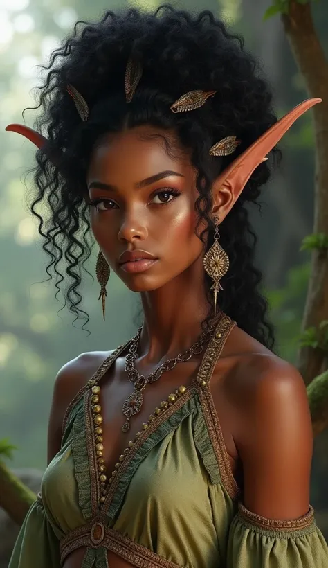 Create a realistic full-body fantasy depiction of a South African elf woman. She should have typical South African physical traits, such as deep brown eyes, dark brown skin, and curly black hair styled in a sophisticated manner. Her clothing should be eleg...